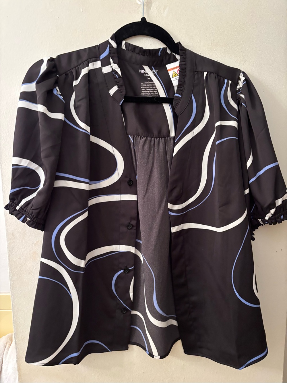 Nine West Black Short Puff Sleeve blouse with White and Light Blue Swirl Print